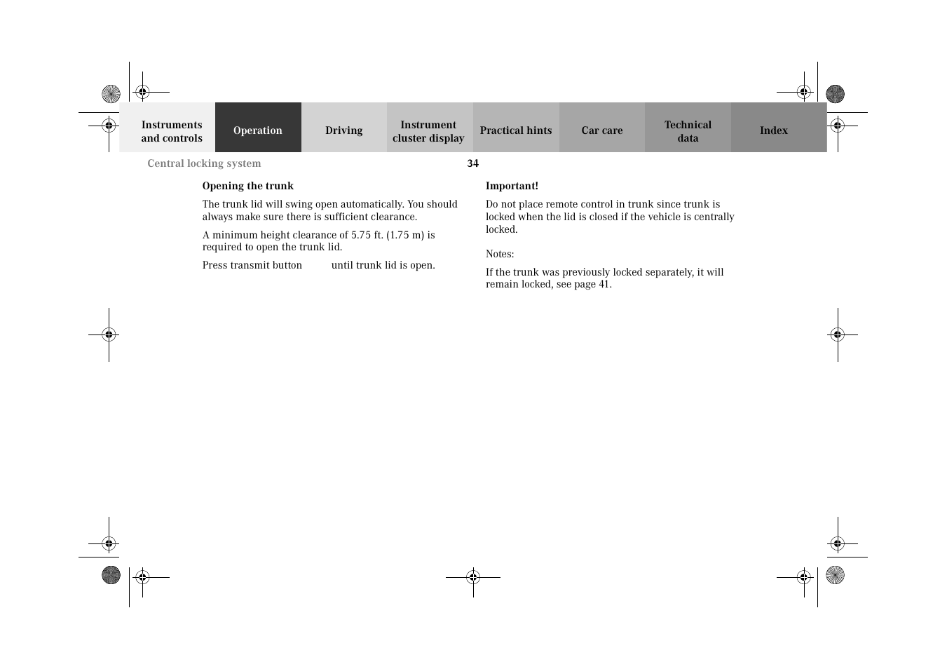 Opening the trunk | Mercedes-Benz 2002 C-Class User Manual | Page 37 / 406
