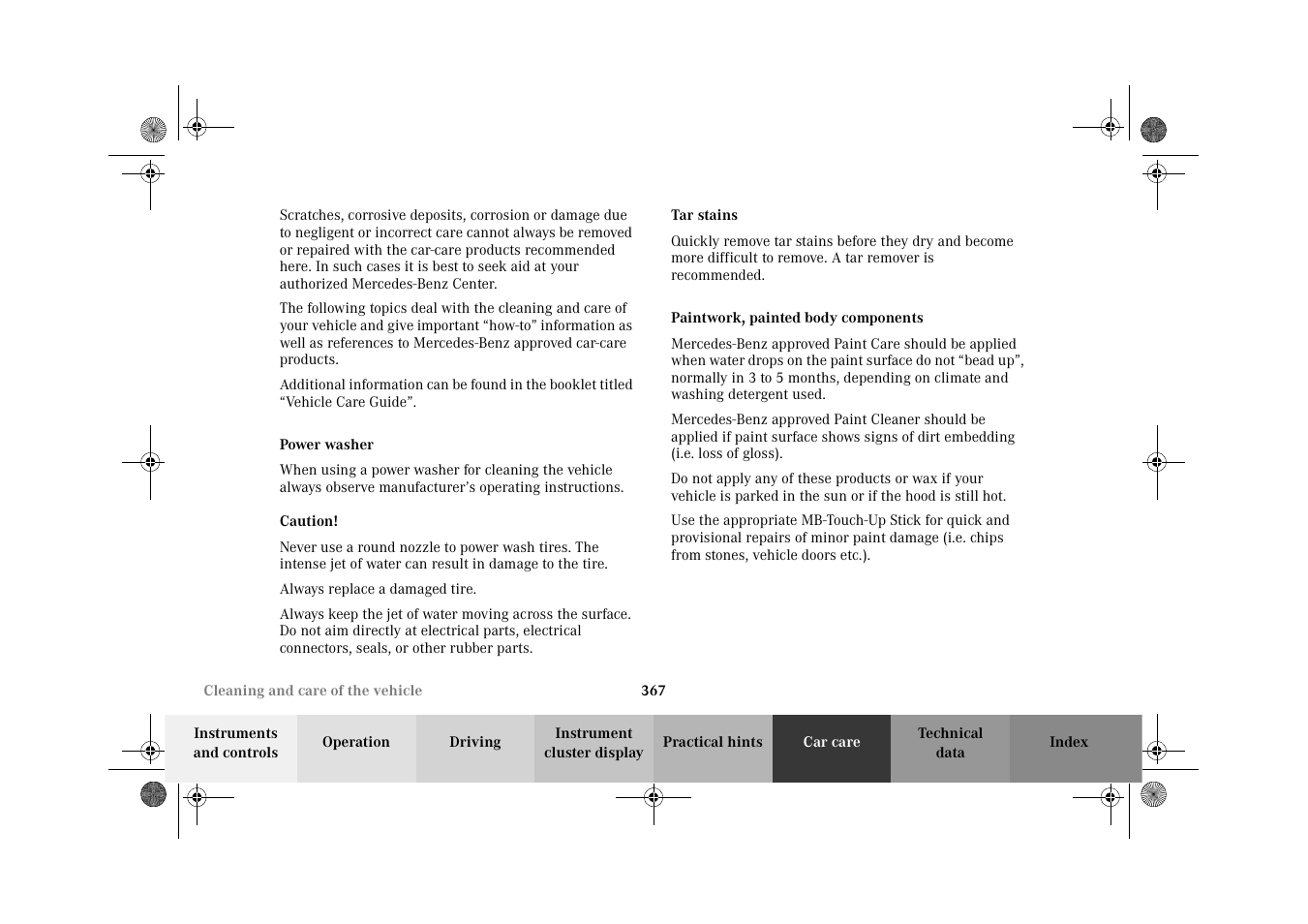 Power washer, Tar stains, Paintwork, painted body components | Mercedes-Benz 2002 C-Class User Manual | Page 370 / 406