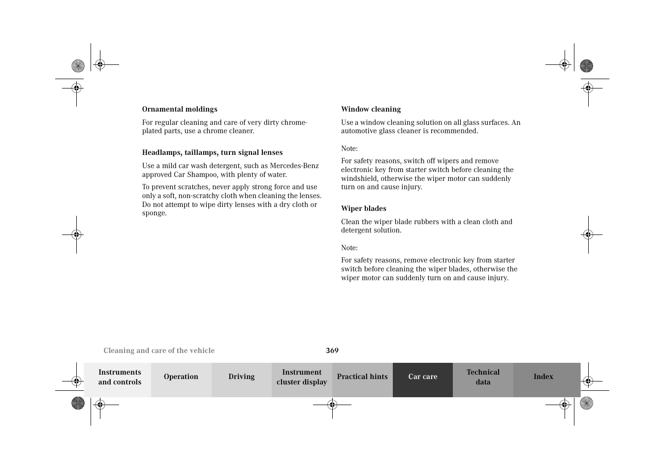 Ornamental moldings, Headlamps, taillamps, turn signal lenses, Window cleaning | Wiper blade | Mercedes-Benz 2002 C-Class User Manual | Page 372 / 406