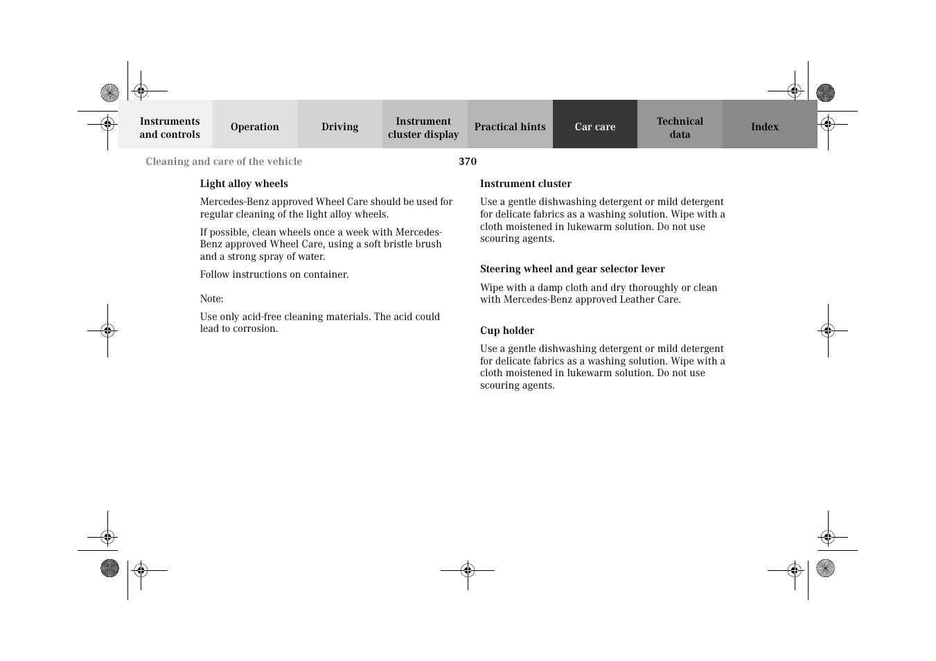 Light alloy wheels, Instrument cluster, Steering wheel and gear selector lever | Cup holder | Mercedes-Benz 2002 C-Class User Manual | Page 373 / 406