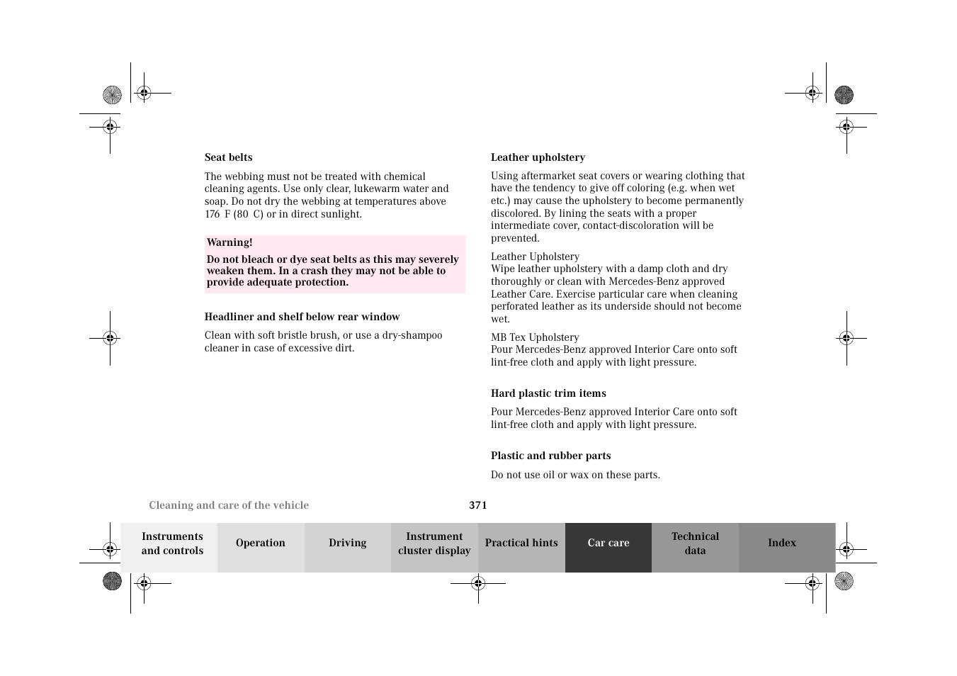 Seat belts, Headliner and shelf below rear window, Leather upholstery | Hard plastic trim items, Plastic and rubber parts, Hard plastic trim items plastic and rubber parts | Mercedes-Benz 2002 C-Class User Manual | Page 374 / 406