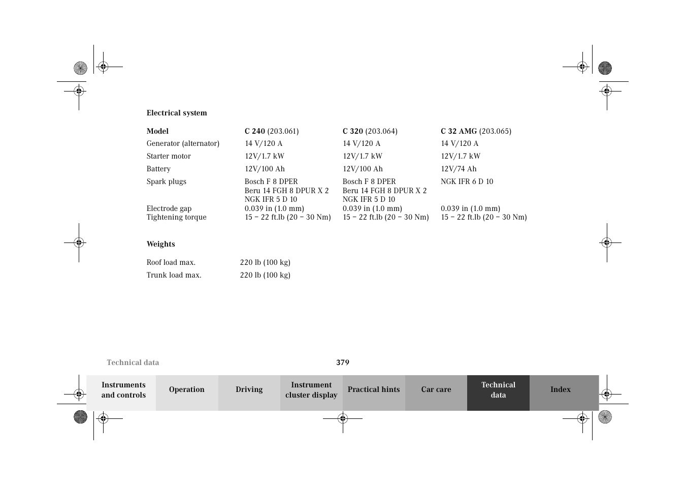 Electrical system, Weights | Mercedes-Benz 2002 C-Class User Manual | Page 382 / 406