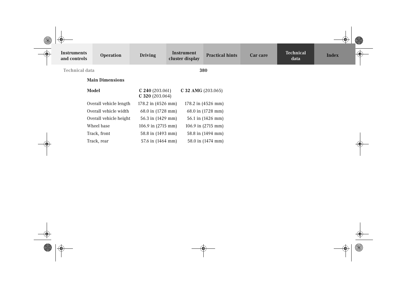 Main dimensions | Mercedes-Benz 2002 C-Class User Manual | Page 383 / 406