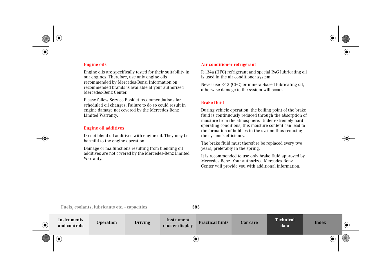 Engine oils, Engine oil additives, Air conditioner refrigerant | Brake fluid | Mercedes-Benz 2002 C-Class User Manual | Page 386 / 406