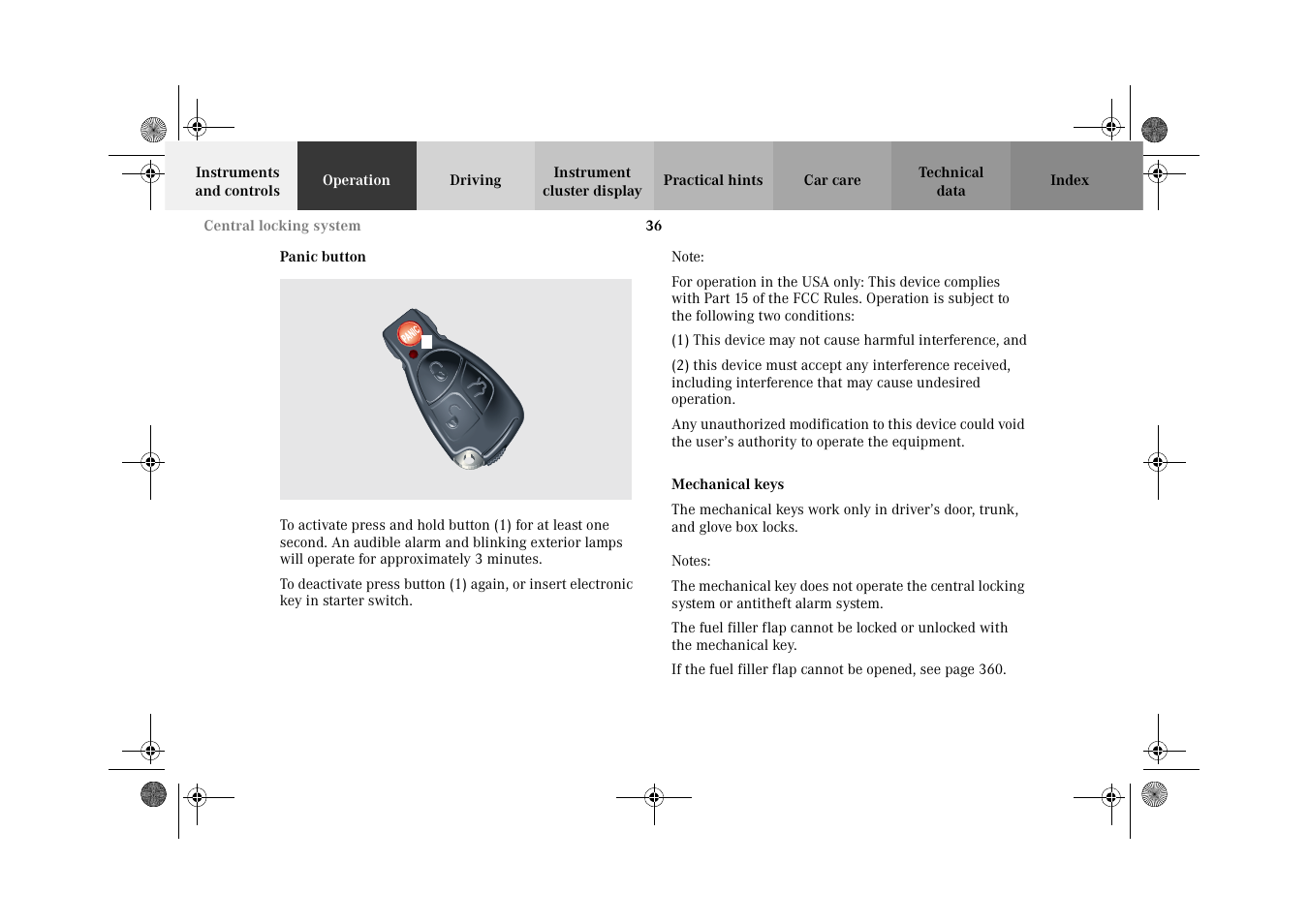 Panic button, Central locking system:mechanical keys, Panic button mechanical keys | Mercedes-Benz 2002 C-Class User Manual | Page 39 / 406