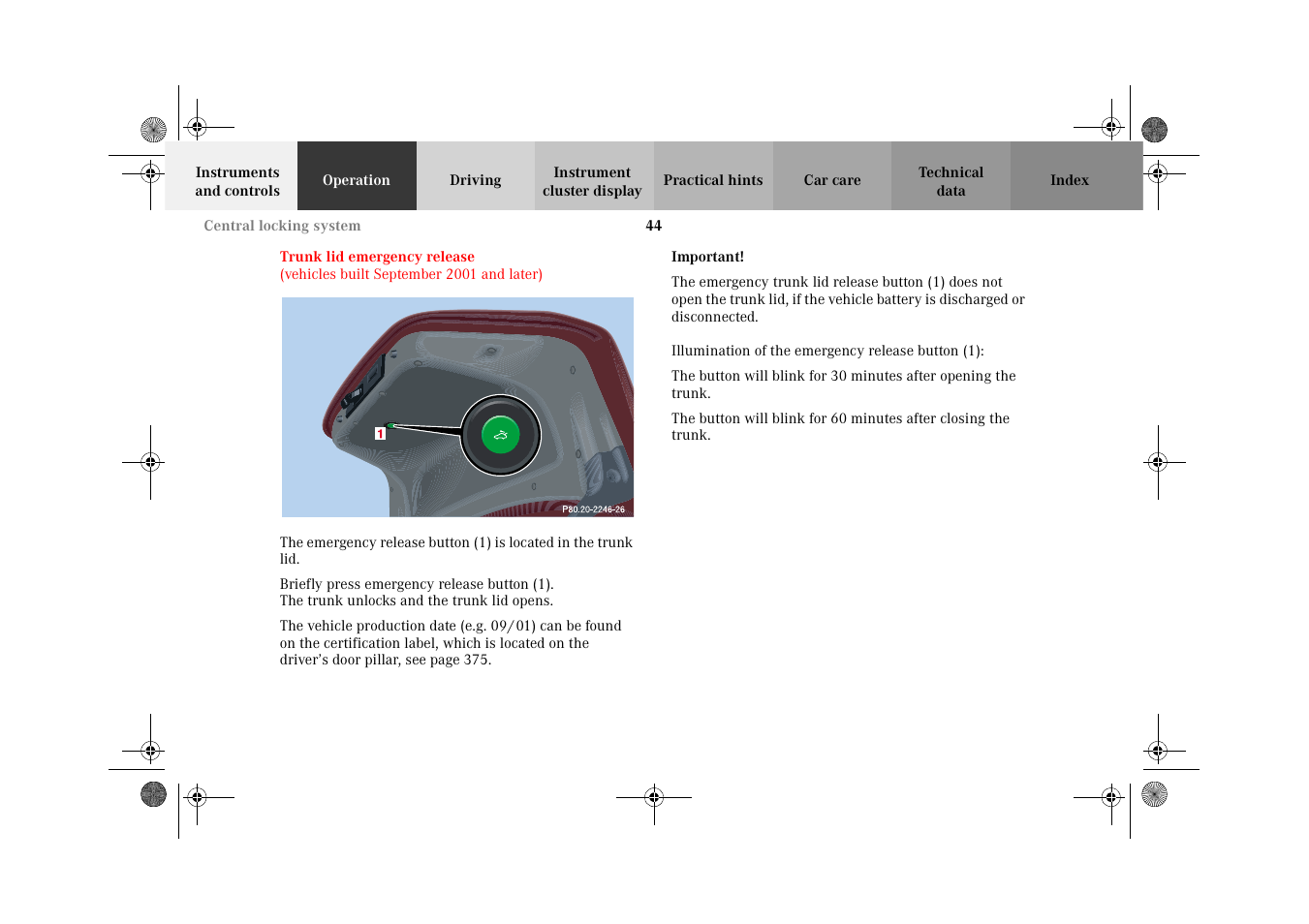 Trunk lid emergency release | Mercedes-Benz 2002 C-Class User Manual | Page 47 / 406