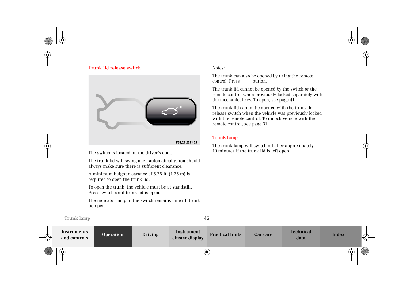 Trunk:release switch, Trunk lamp, Trunk lid release switch trunk lamp | Mercedes-Benz 2002 C-Class User Manual | Page 48 / 406