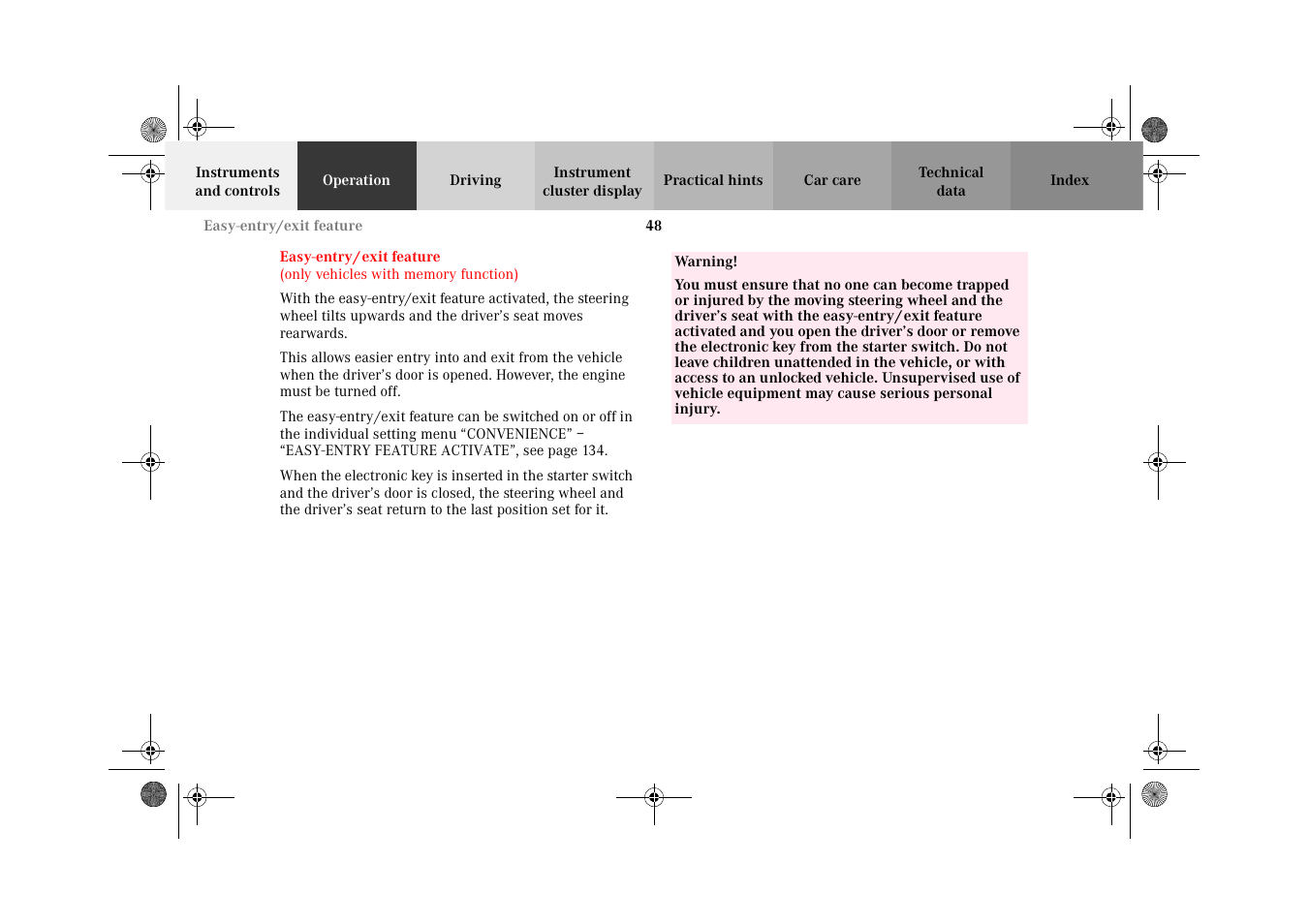 Easy-entry/exit feature | Mercedes-Benz 2002 C-Class User Manual | Page 51 / 406