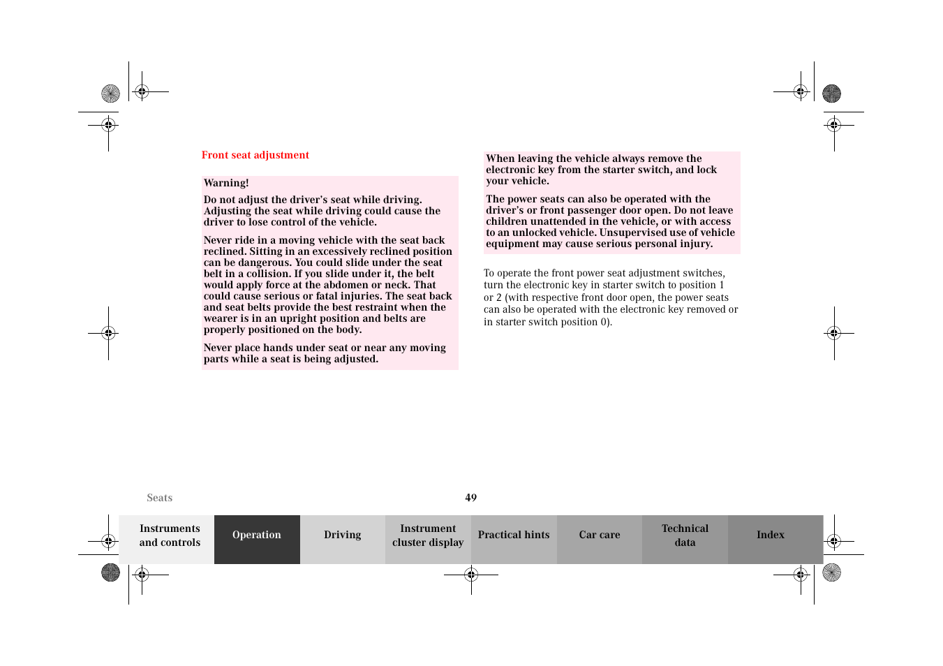 Front seat adjustment | Mercedes-Benz 2002 C-Class User Manual | Page 52 / 406