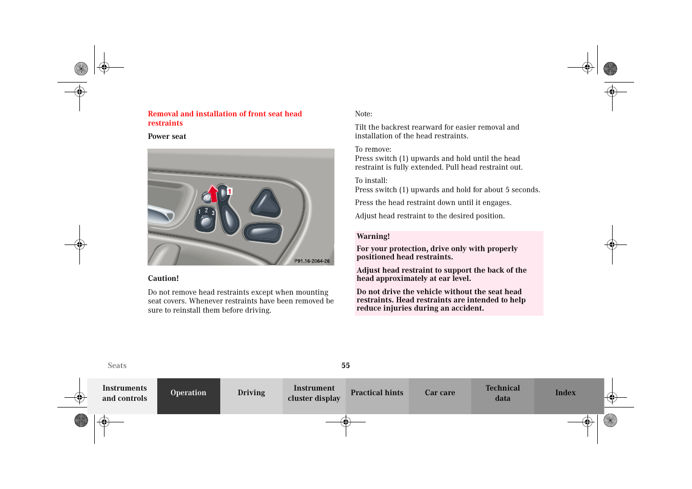 Power seat, Removal and installation of, Front seat head restraints | Mercedes-Benz 2002 C-Class User Manual | Page 58 / 406