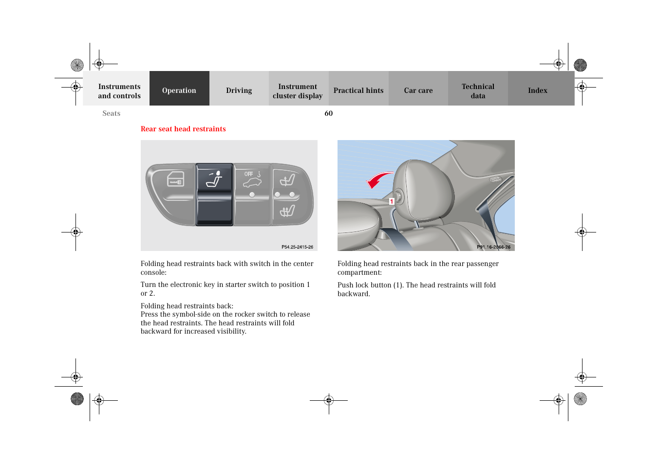 Head restraints:rear seat, Rear seat head restraints | Mercedes-Benz 2002 C-Class User Manual | Page 63 / 406