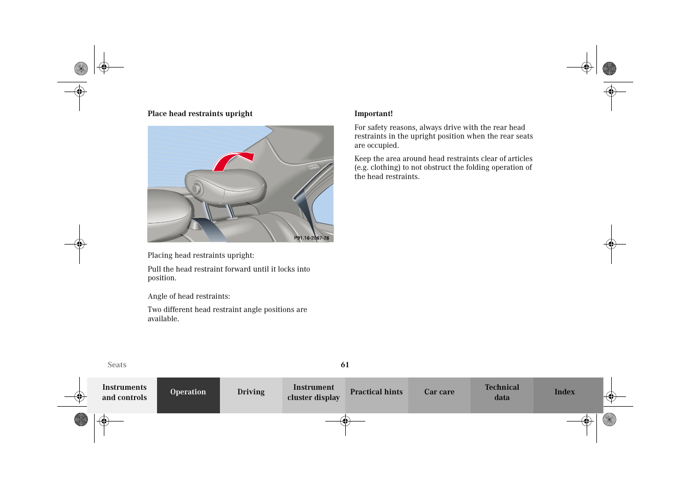 Place head restraints upright | Mercedes-Benz 2002 C-Class User Manual | Page 64 / 406