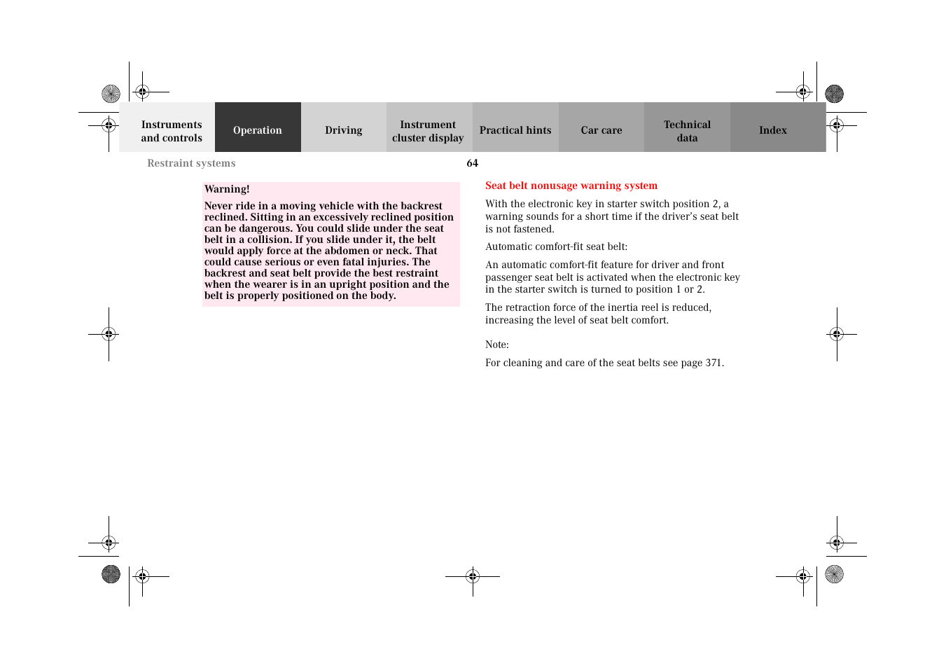 Seat belt nonusage warning system, Seat belt nonusage, Warning system | Mercedes-Benz 2002 C-Class User Manual | Page 67 / 406