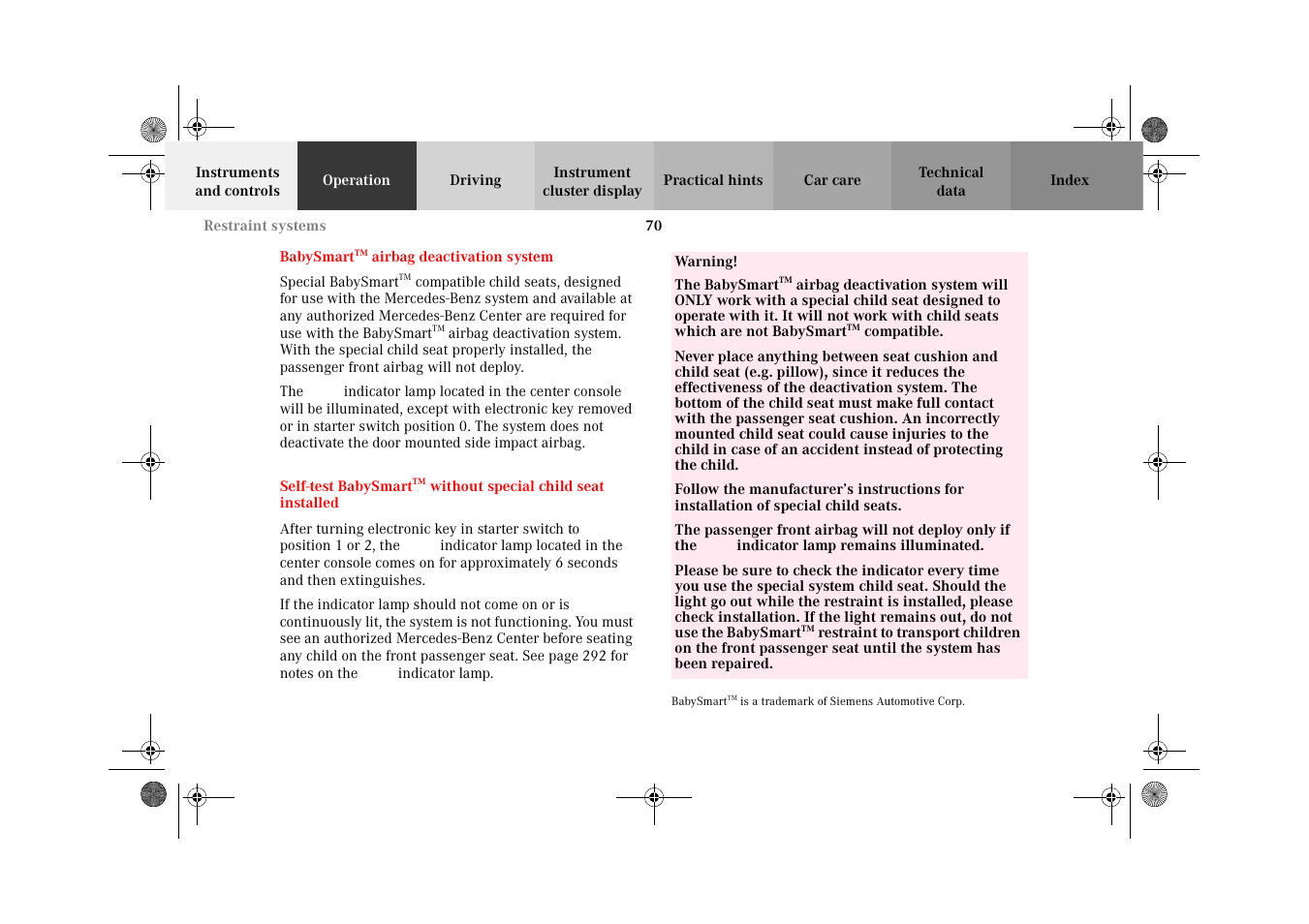 Babysmarttm airbag deactivation system, Self-test babysmart, Babysmart | Mercedes-Benz 2002 C-Class User Manual | Page 73 / 406