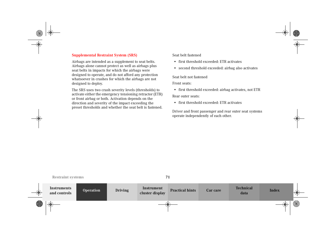 Supplemental restraint system (srs), Supplemental restraint, System (srs) | Mercedes-Benz 2002 C-Class User Manual | Page 74 / 406