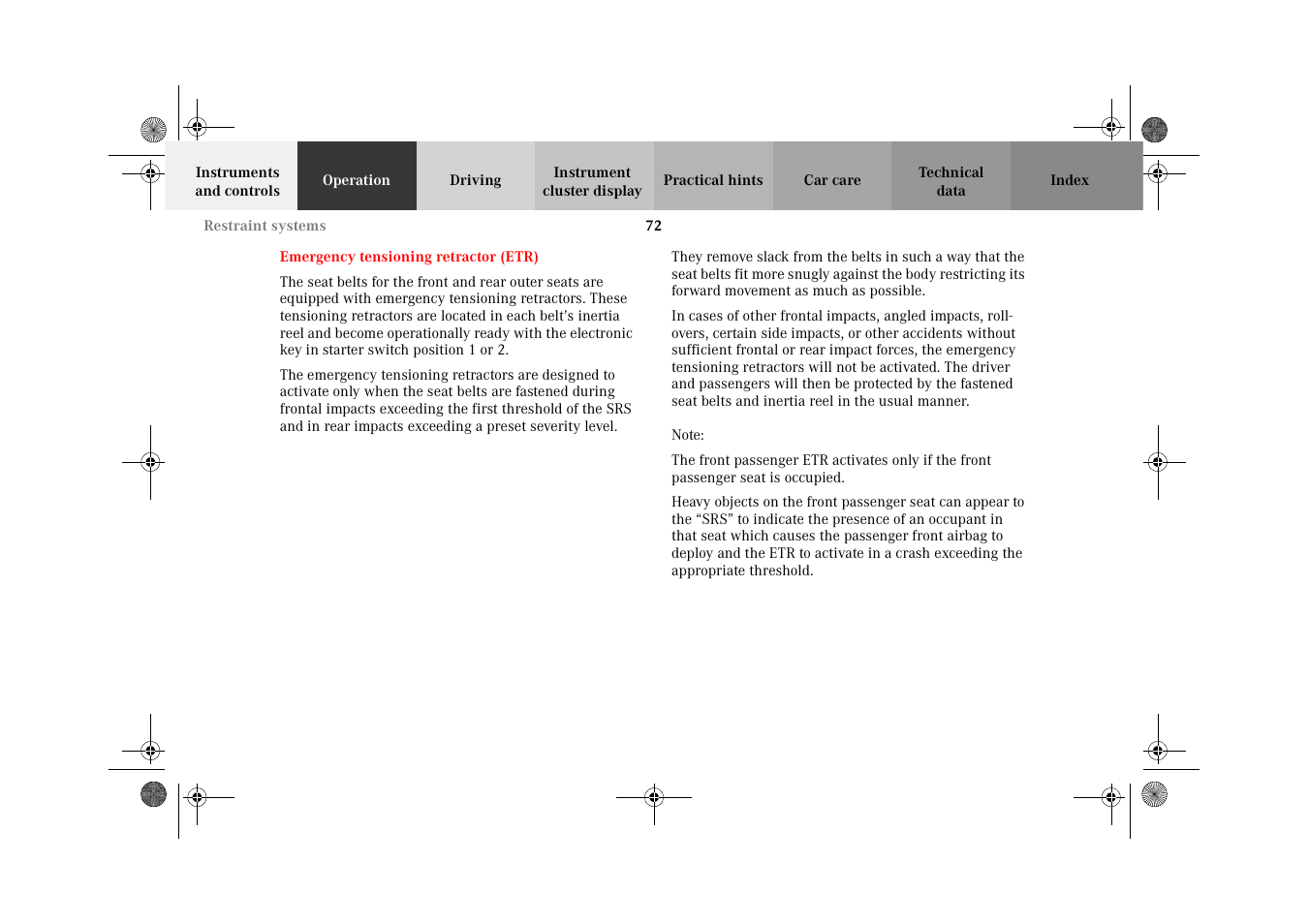 Emergency tensioning retractor (etr), Emergency tensioning, Retractor (etr) | Mercedes-Benz 2002 C-Class User Manual | Page 75 / 406