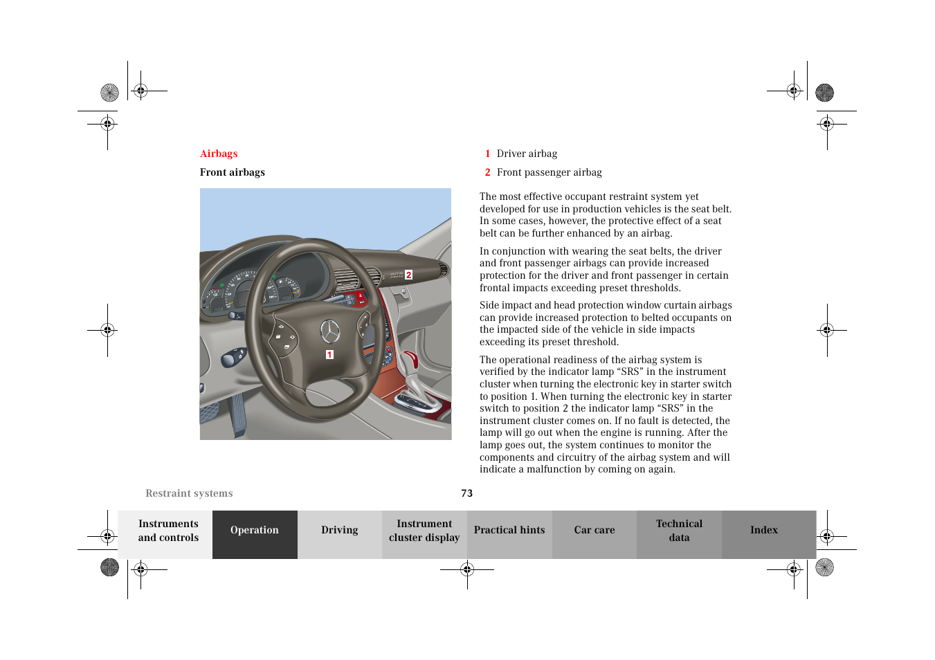 Airbags, Front airbags | Mercedes-Benz 2002 C-Class User Manual | Page 76 / 406