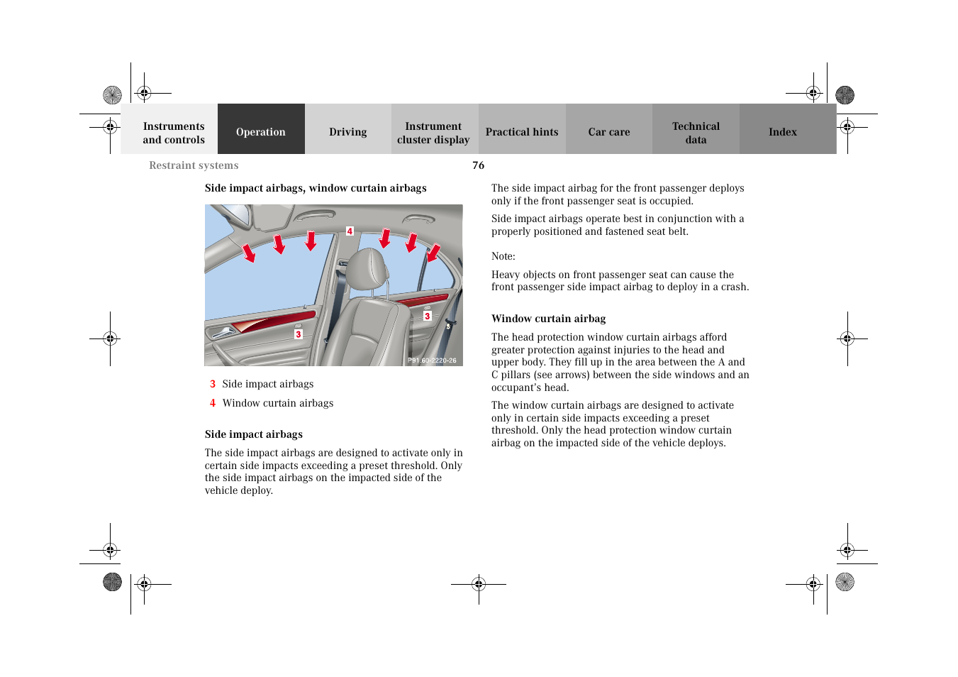 Side impact airbags, Window curtain airbag | Mercedes-Benz 2002 C-Class User Manual | Page 79 / 406