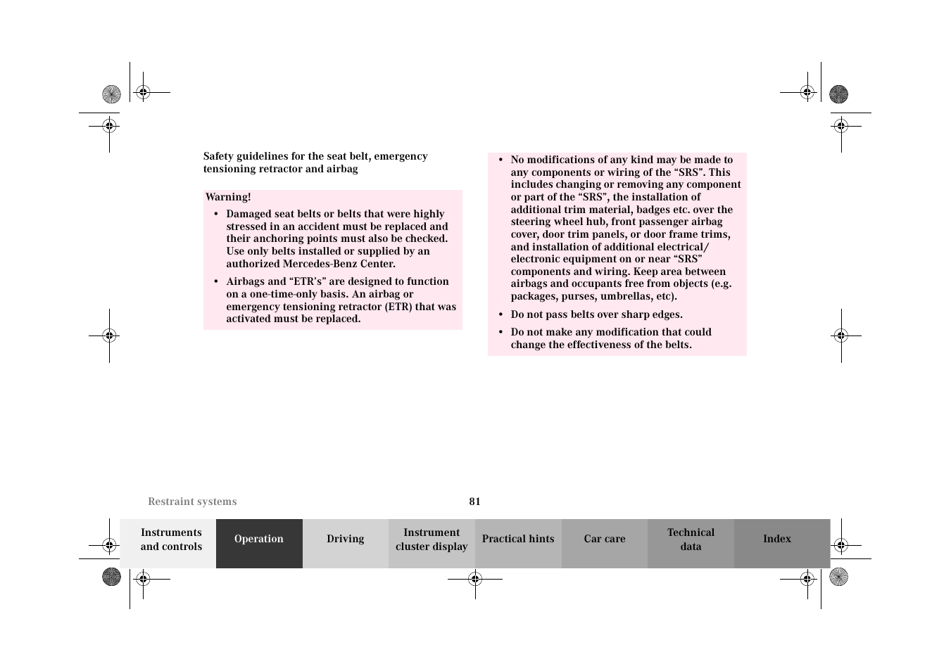 Safety guidelines for the seat, Belt, emergency tensioning retractor and airbag | Mercedes-Benz 2002 C-Class User Manual | Page 84 / 406