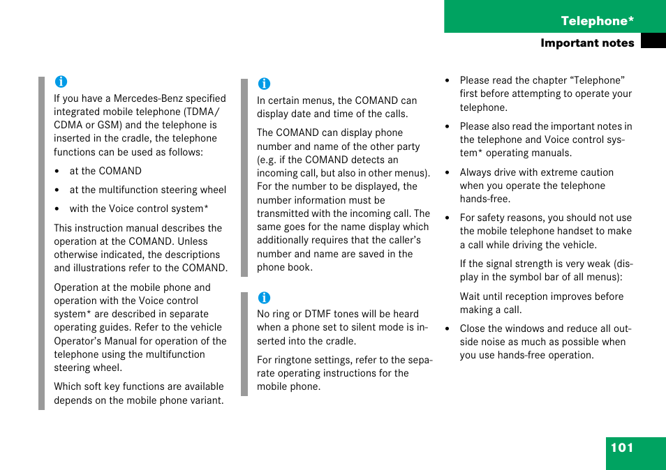 101 telephone | Mercedes-Benz Comand 6515 6786 13 User Manual | Page 101 / 231