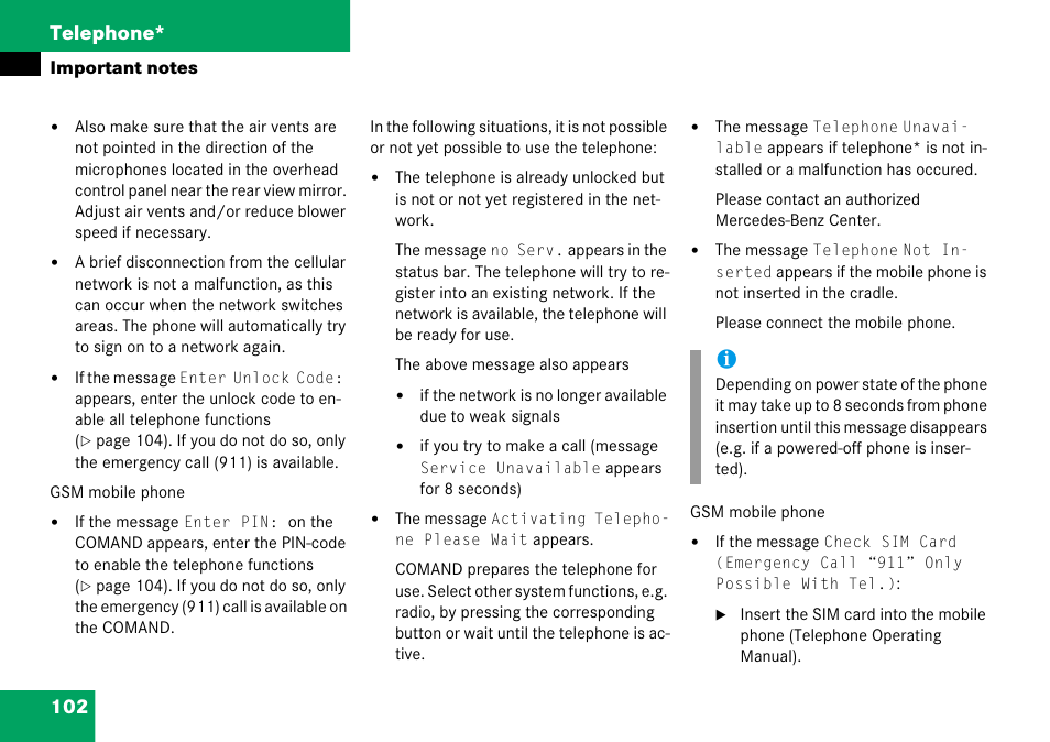 102 telephone | Mercedes-Benz Comand 6515 6786 13 User Manual | Page 102 / 231