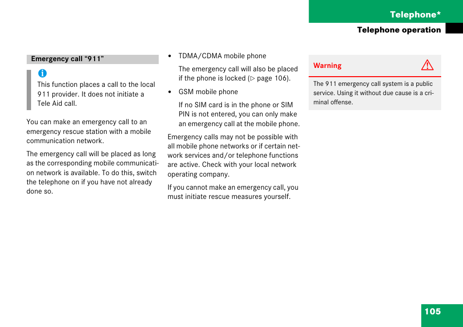 Emergency call “911, 105 telephone | Mercedes-Benz Comand 6515 6786 13 User Manual | Page 105 / 231