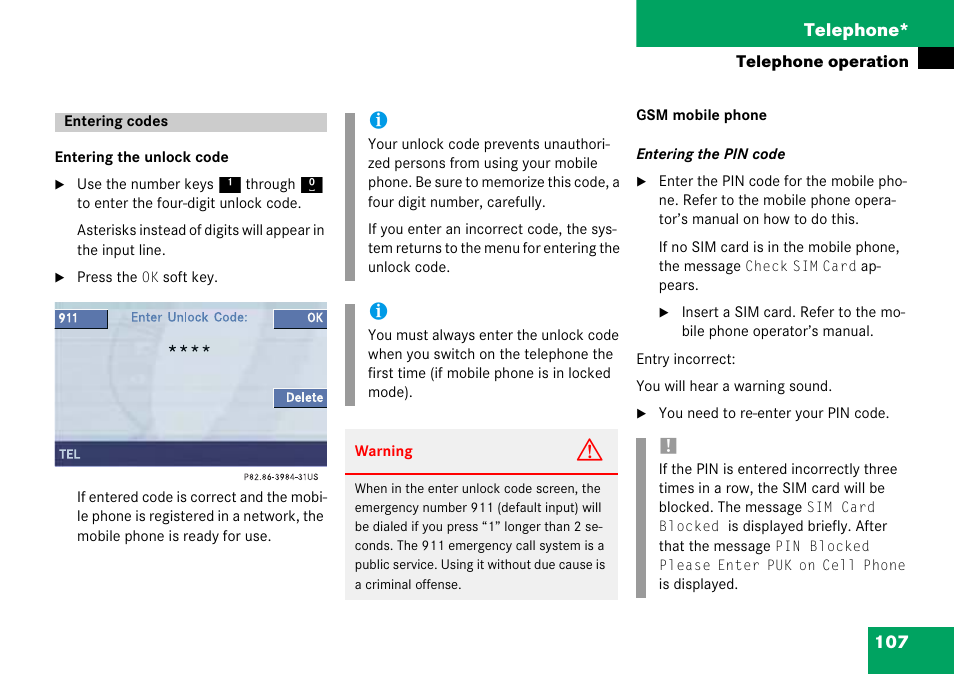 Entering codes, 107 telephone | Mercedes-Benz Comand 6515 6786 13 User Manual | Page 107 / 231