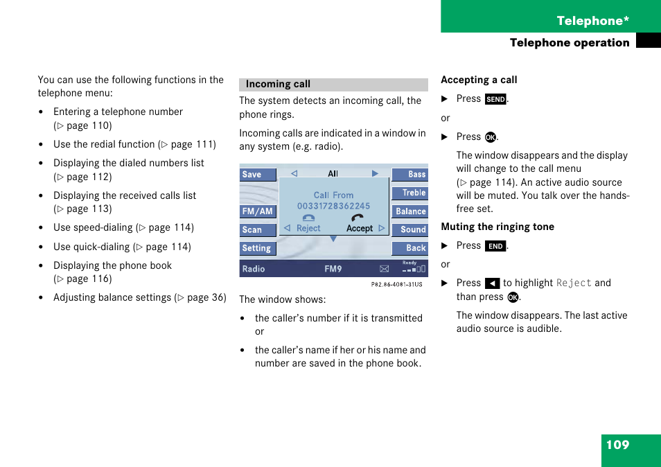 Incoming call, 109 telephone | Mercedes-Benz Comand 6515 6786 13 User Manual | Page 109 / 231