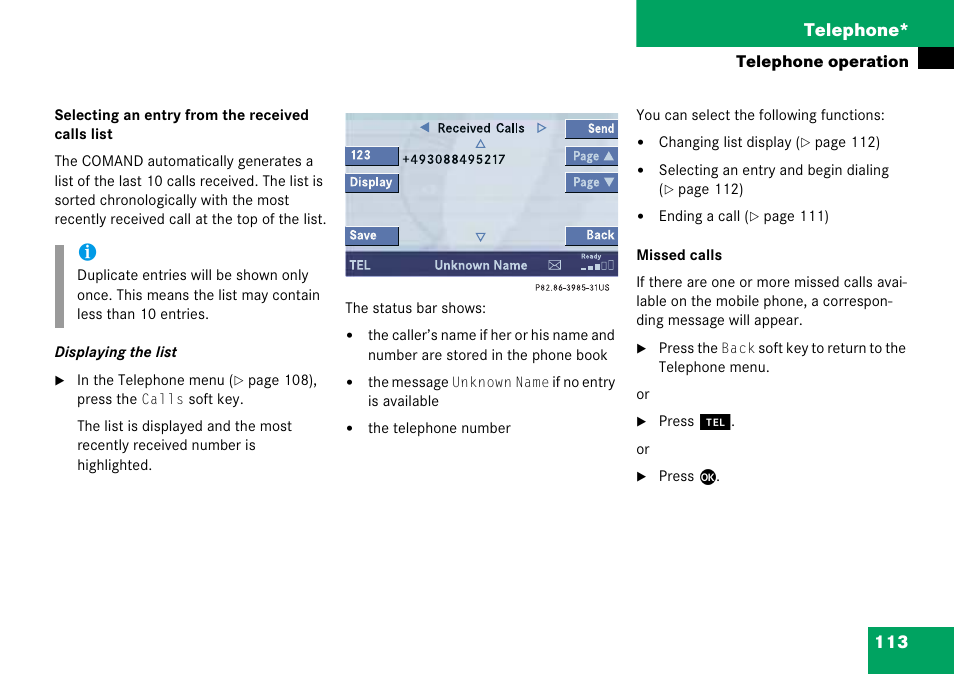 113 telephone | Mercedes-Benz Comand 6515 6786 13 User Manual | Page 113 / 231