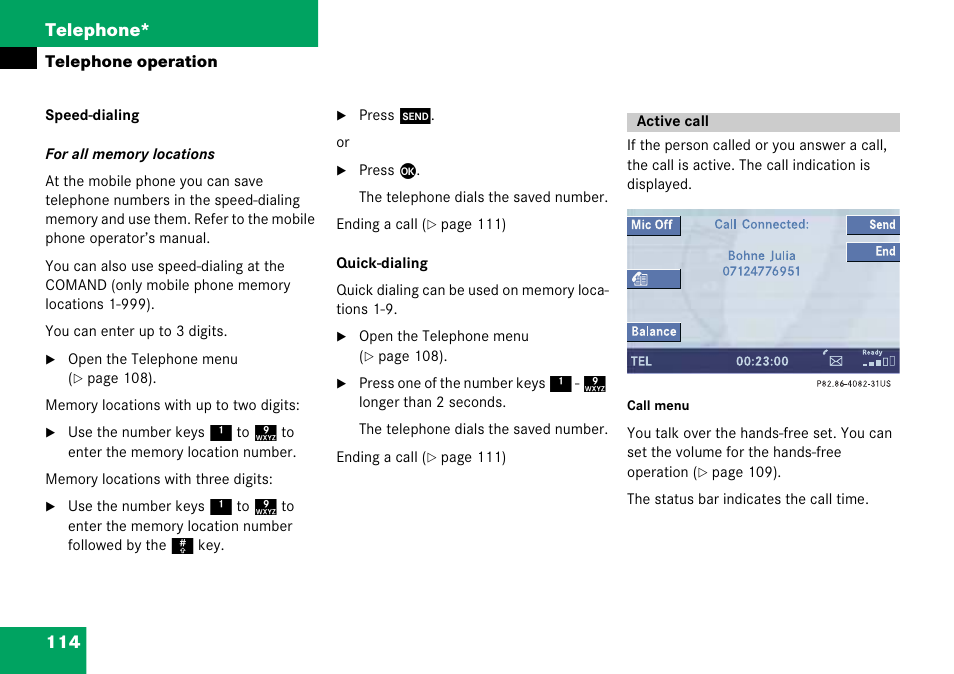 Active call, G. radio), 114 telephone | Mercedes-Benz Comand 6515 6786 13 User Manual | Page 114 / 231