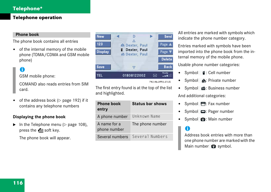 Phone book, 116 telephone | Mercedes-Benz Comand 6515 6786 13 User Manual | Page 116 / 231