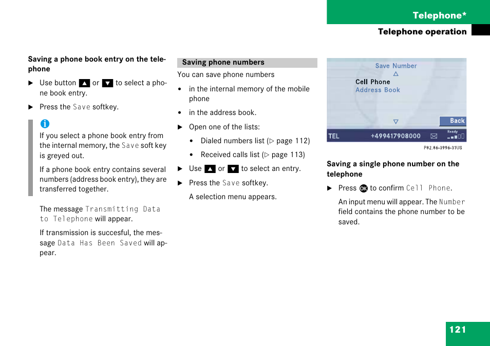 Saving phone numbers, 121 telephone | Mercedes-Benz Comand 6515 6786 13 User Manual | Page 121 / 231