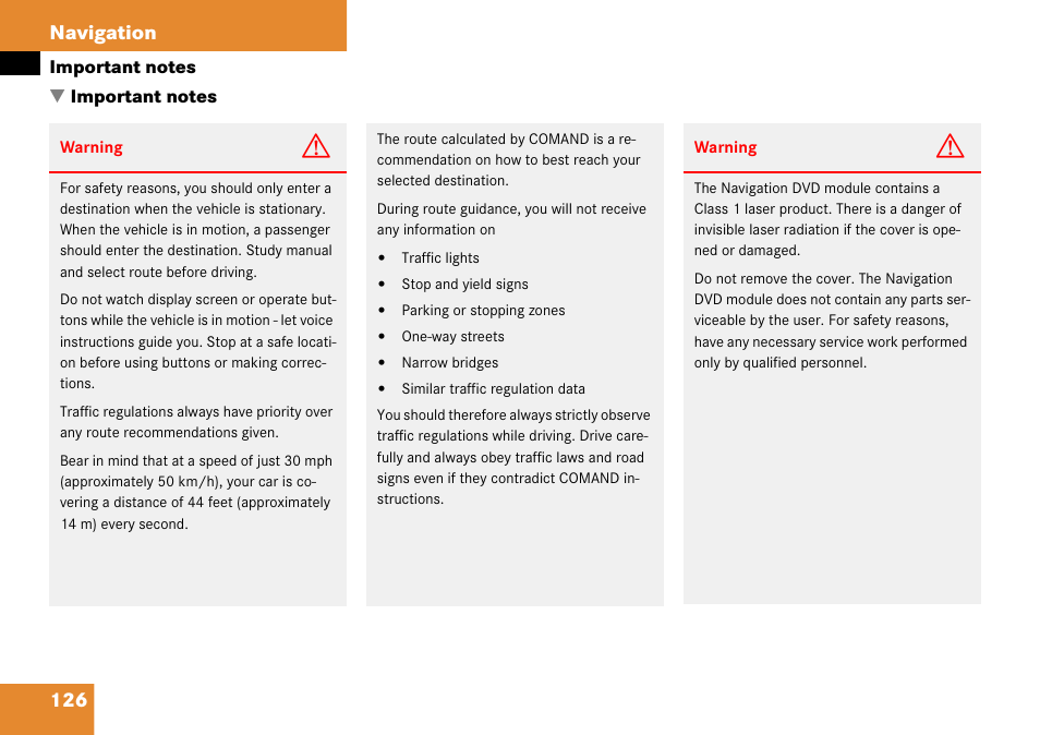 Important notes, 126 navigation | Mercedes-Benz Comand 6515 6786 13 User Manual | Page 126 / 231