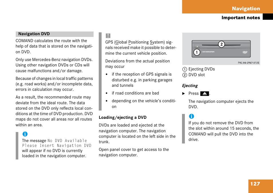 Navigation dvd, 127 navigation | Mercedes-Benz Comand 6515 6786 13 User Manual | Page 127 / 231