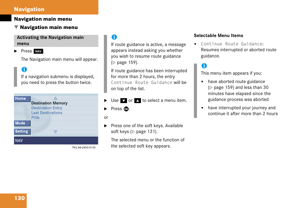 Navigation main menu, Activating the navigation main menu, Activating the navigation | Main menu, 130 navigation | Mercedes-Benz Comand 6515 6786 13 User Manual | Page 130 / 231