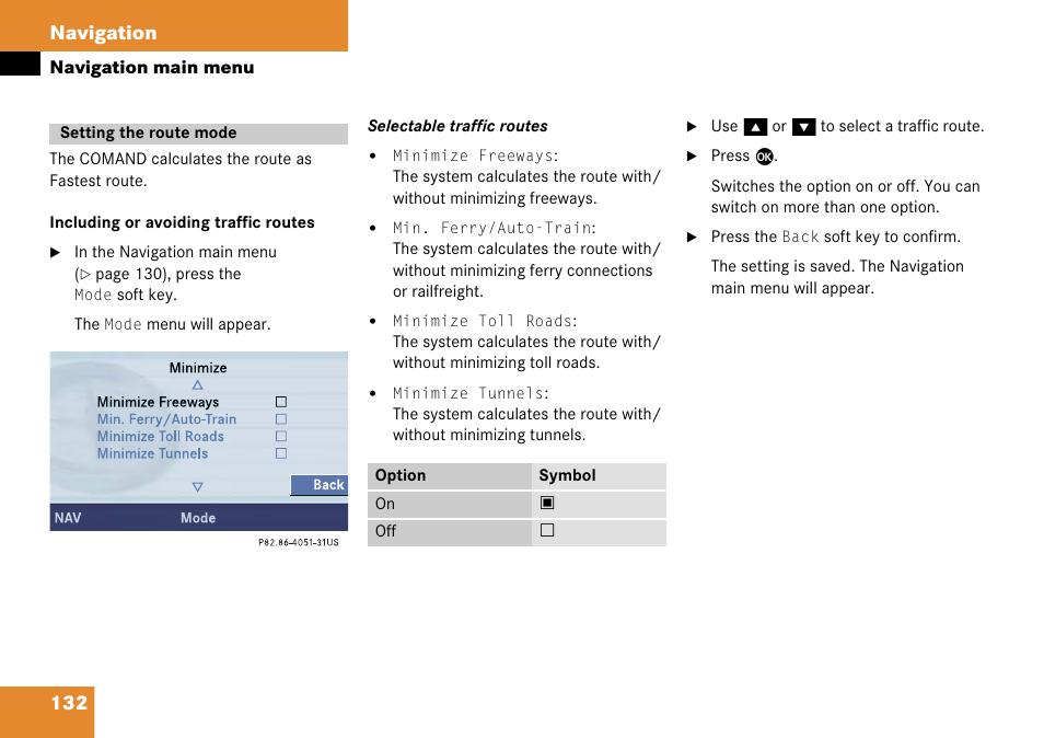 Setting the route mode, Ble soft keys, 132 navigation | Mercedes-Benz Comand 6515 6786 13 User Manual | Page 132 / 231