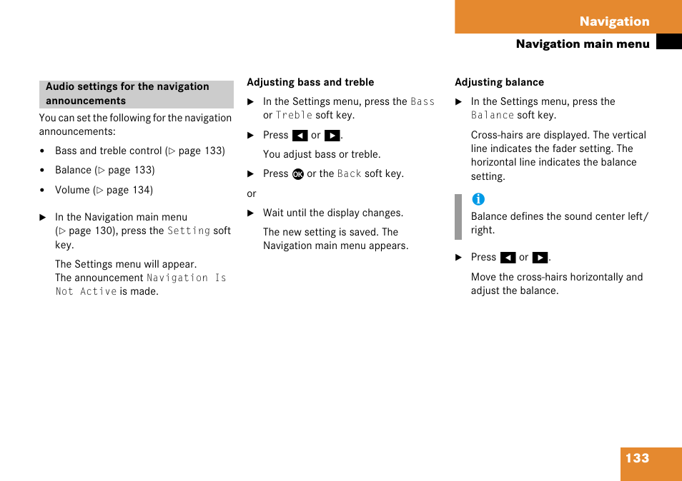 Audio settings for the navigation announcements, Audio settings for the, Navigation announcements | 133 navigation | Mercedes-Benz Comand 6515 6786 13 User Manual | Page 133 / 231