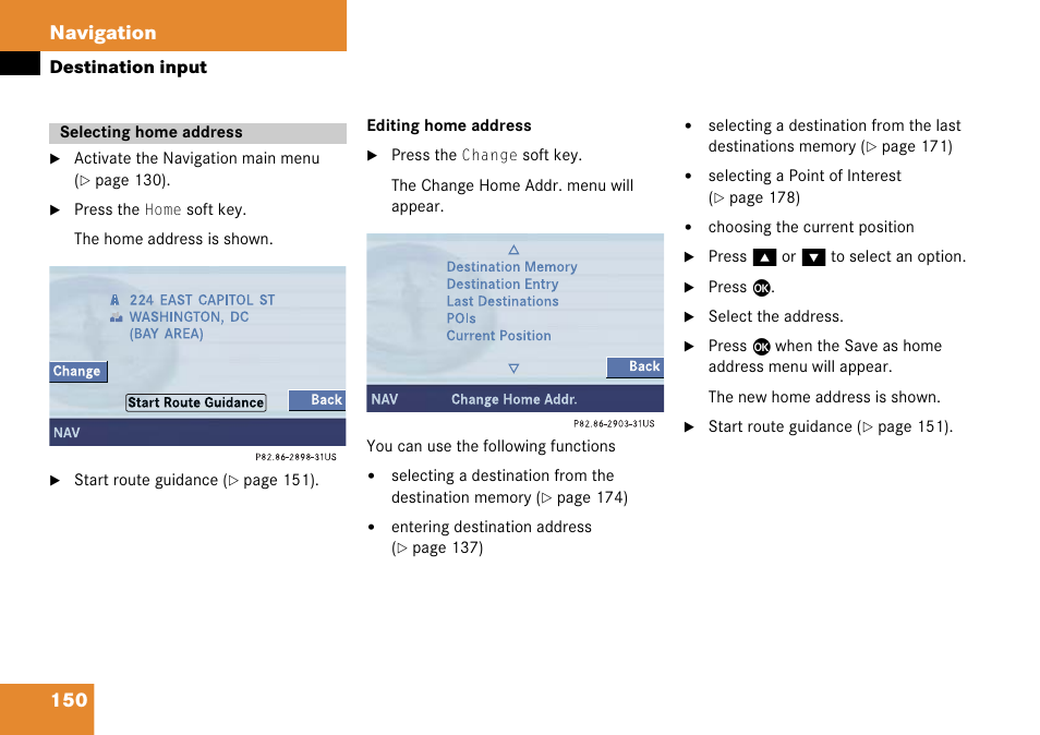 Selecting home address, 150 navigation | Mercedes-Benz Comand 6515 6786 13 User Manual | Page 150 / 231