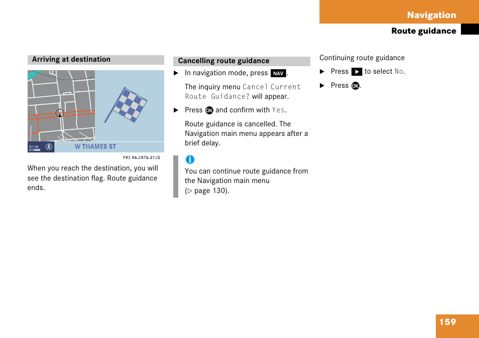 Arriving at destination, Cancelling route guidance, Arriving at destination cancelling route guidance | 159 navigation | Mercedes-Benz Comand 6515 6786 13 User Manual | Page 159 / 231