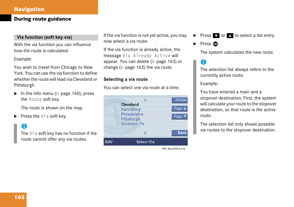 Via function (soft key via), 162 navigation | Mercedes-Benz Comand 6515 6786 13 User Manual | Page 162 / 231