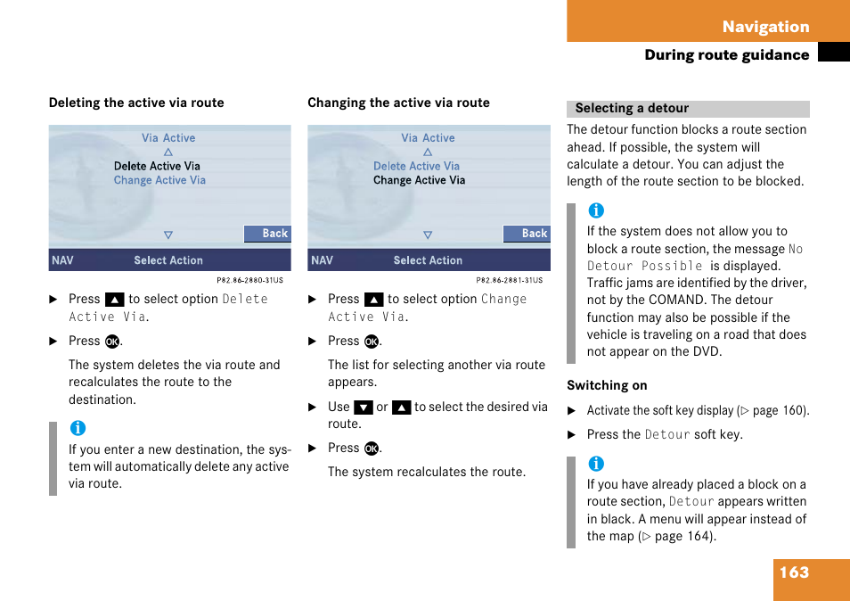 Selecting a detour, 163 navigation | Mercedes-Benz Comand 6515 6786 13 User Manual | Page 163 / 231