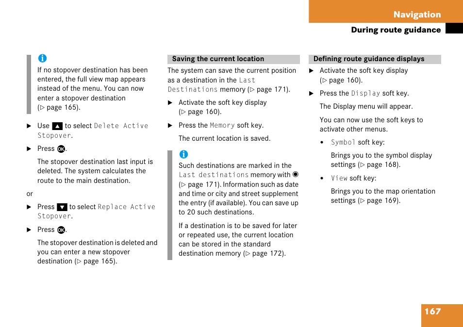 Saving the current location, Defining route guidance displays, 167 navigation | Mercedes-Benz Comand 6515 6786 13 User Manual | Page 167 / 231