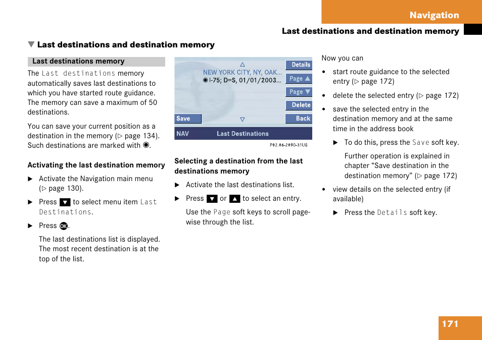 Last destinations and destination memory, Last destinations memory, Last destinations and | Destination memory, Can make, Balance), 171 navigation | Mercedes-Benz Comand 6515 6786 13 User Manual | Page 171 / 231