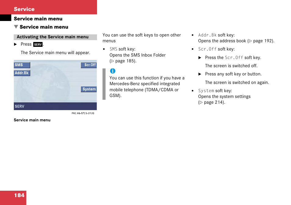 Service main menu, Activating the service main menu, Activating the service main menu 184 | 184 service | Mercedes-Benz Comand 6515 6786 13 User Manual | Page 184 / 231