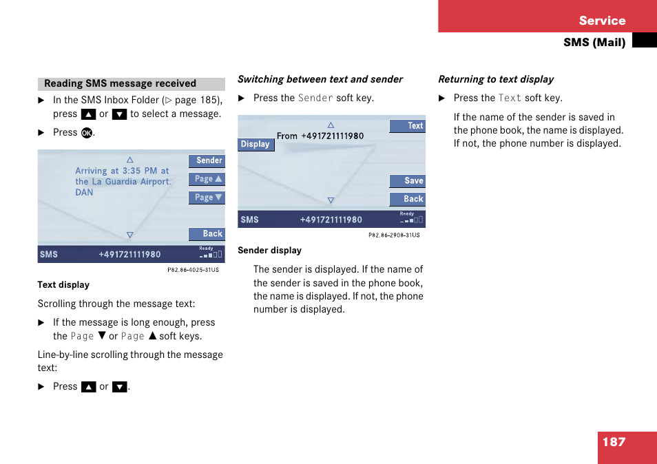 Reading sms message received, Isplay, Abbreviated as | Press the, 187 service | Mercedes-Benz Comand 6515 6786 13 User Manual | Page 187 / 231