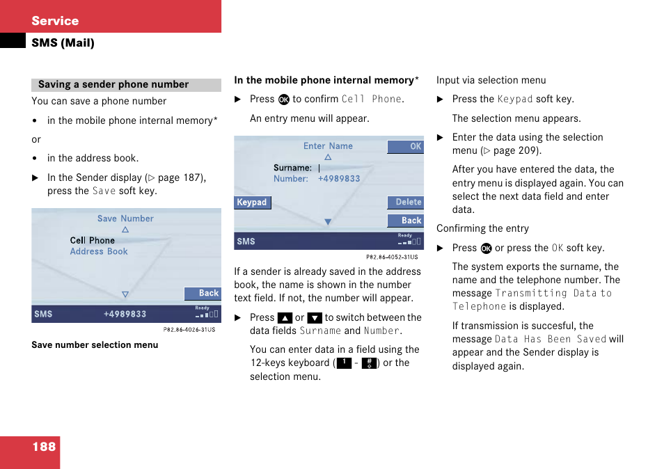 Saving a sender phone number, 188 service | Mercedes-Benz Comand 6515 6786 13 User Manual | Page 188 / 231
