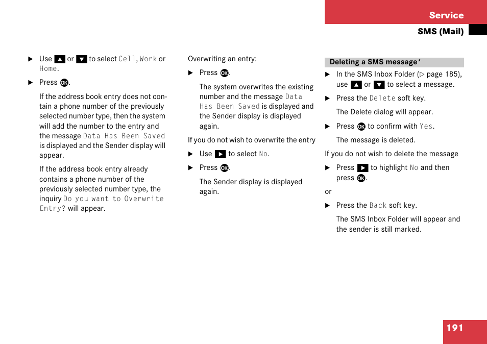 Deleting a sms message, Soft, 191 service | Mercedes-Benz Comand 6515 6786 13 User Manual | Page 191 / 231