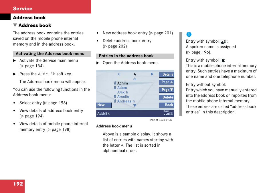 Address book, Activating the address book menu, Entries in the address book | Activating the address, Book menu entries in the address book, 192 service | Mercedes-Benz Comand 6515 6786 13 User Manual | Page 192 / 231