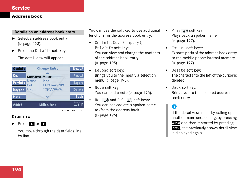 Details on an address book entry, Details on an address book entry . 194, 194 service | Mercedes-Benz Comand 6515 6786 13 User Manual | Page 194 / 231