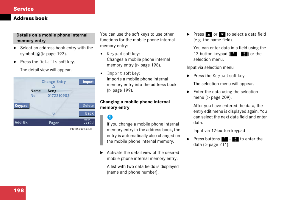 Details on a mobile phone internal memory entry, Details on a mobile phone, Internal memory entry | 198 service | Mercedes-Benz Comand 6515 6786 13 User Manual | Page 198 / 231